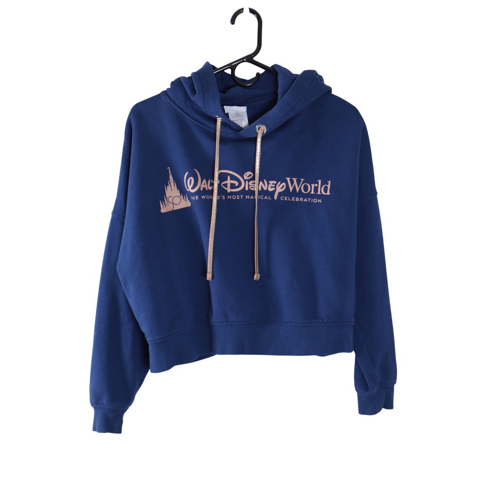 Disney World 50th Anniversary Navy Blue Cropped Hoodie Rose Gold Metallic Medium